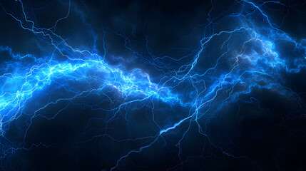 Blue lightning background, abstract electric energy on a black background, blue lightnings, wallpaper design with space for text or logo.  Generated AI.