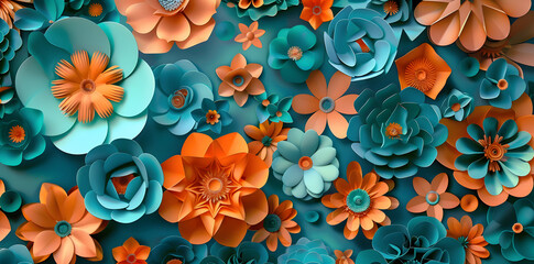 Abstract background with orange and teal paper flowers. Digital art wallpaper. Generated AI. 