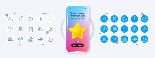 Open door, Enterprise and Customisation line icons. Phone mockup with 3d star icon. Pack of Wholesale inventory, Renewable power, Lighthouse icon. Vector