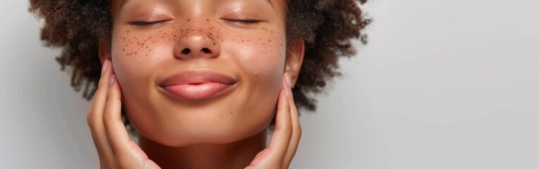 Fototapeta premium A young woman with freckles on her hair and hands touching her face up close