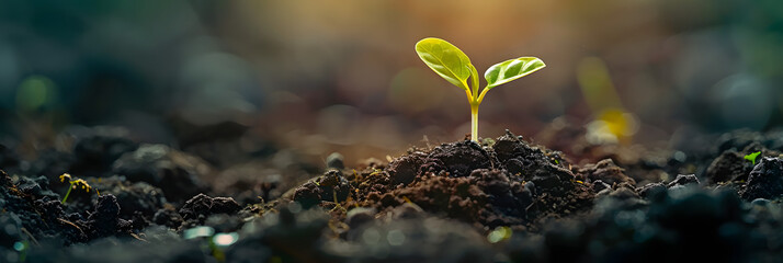 A seedling and plant are seen thriving in soil surrounded by open space to insert text or other elements. Creative banner. Copyspace image
