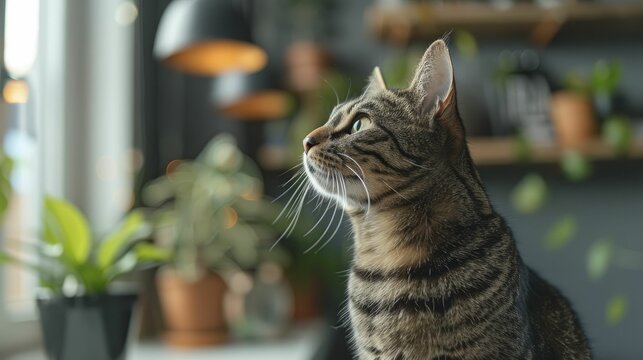Focused cat, a reminder of the concentration needed to navigate business complexities, lounging in a sleek, modern office with soft lighting and minimalistic style.