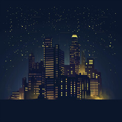 Naklejka premium A city skyline at night with a lot of lights and stars. Night city on a dark background