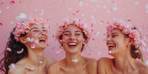 Joyful young women with floral crowns laughing under pink petal shower, celebrating bachelorette party against pink backdrop.