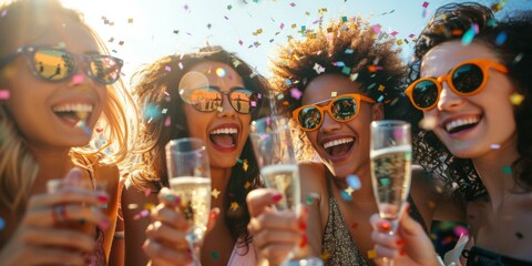 Joyful multicultural group of women celebrating bachelorette party outdoors with confetti, champagne, and sunglasses under sunny sky.