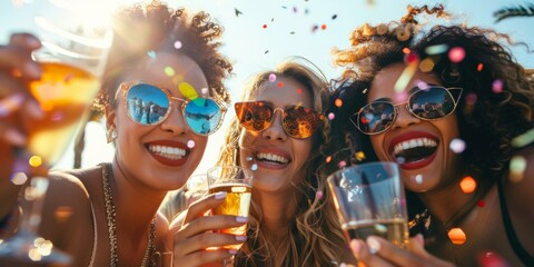 Joyful multicultural women wearing sunglasses enjoying bachelorette party outdoors with drinks & colorful confetti under bright sunlight.