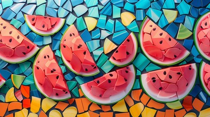 Watermelon slices depicted on a vibrant mosaic background