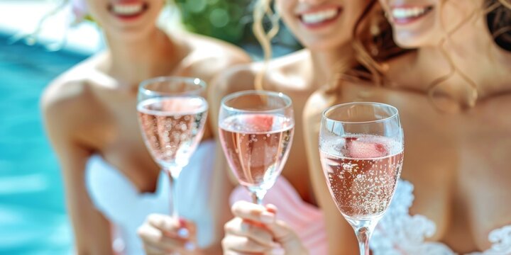 Exuberant bachelorette party with three smiling white women toasting pink champagne in sunshine by blue swimming pool.