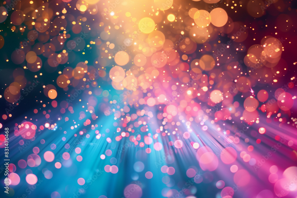 Poster a vibrant abstract image showcasing a burst of light with multicolored bokeh effects, creating an et