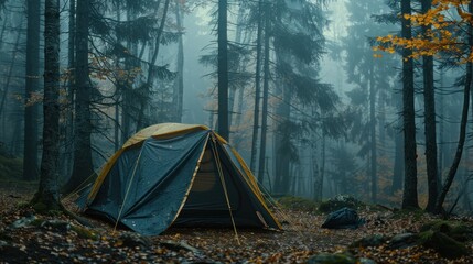 A foggy camping scene in a dense forest during a misty morning. A blue and yellow tent is pitched among tall trees, with fallen autumn leaves scattered on the ground - AI Generated Digital Art