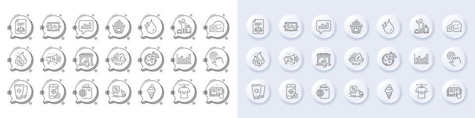 Column chart, Salad and Hot offer line icons. White pin 3d buttons, chat bubbles icons. Pack of Travel passport, Image carousel, Analytical chat icon. Cursor, Dating, Legal documents pictogram. Vector