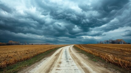 A dramatic rural landscape with a dirt road cutting through harvested fields under a looming, stormy sky - AI Generated Digital Art