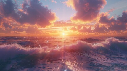 Obraz premium Breathtaking Sunset Sky Over the Sea with Stunning Clouds and Waves