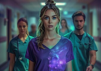 Young Female Doctor with Team of Medical Professionals in a Hospital Corridor