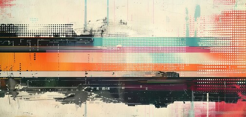 Grunge noise Creative Mixed media collage retro futuristic poster featuring an Abstract digital art with horizontal lines, dots, and color gradients forming a striking pattern.