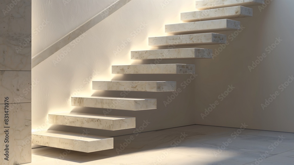 Wall mural sleek mono-stringer stairs with cantilevered stone steps and recessed handrails