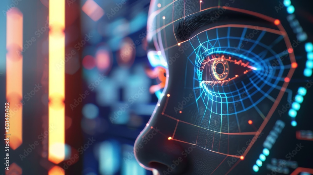 Poster close-up of a digital face on a screen, illustrating facial recognition technology in a modern tech 
