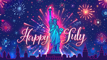 Statue of liberty and the text "Happy Fourth Of July" in cursive, in vibrant colors 