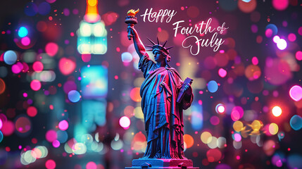 Statue of liberty and the text "Happy Fourth Of July" in cursive, in vibrant colors 