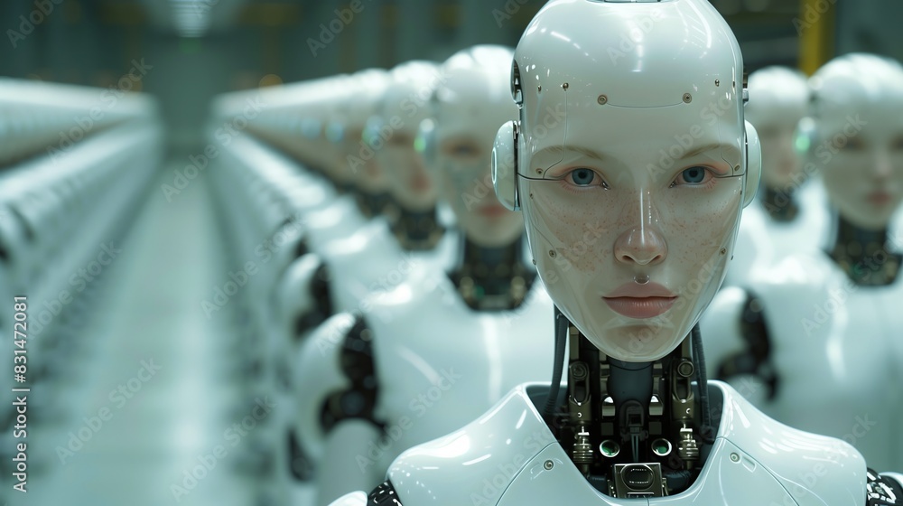 Poster 3d rendering of leader human robot portraits with robotics army, industrial group of cyborg machines
