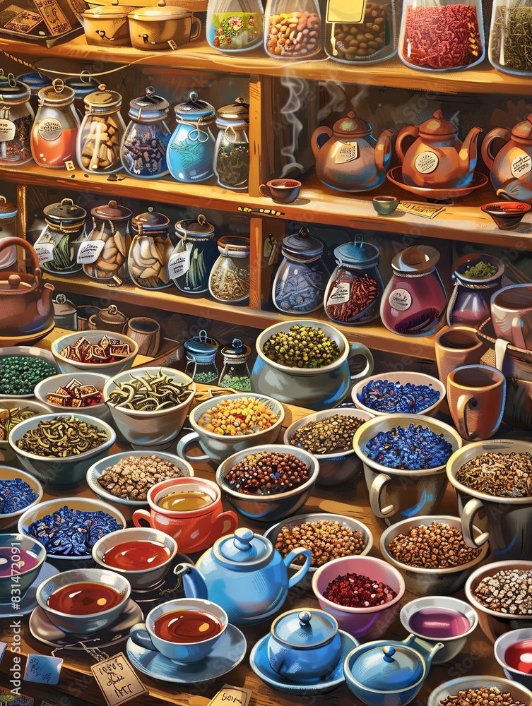 Aufkleber a vibrant painting showcasing a store brimming with an array of colorful bowls, neatly arranged on s