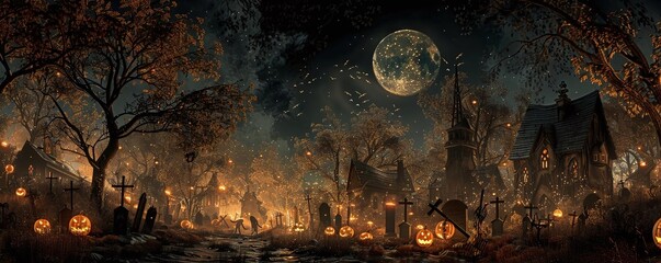 Create a wide-angle view featuring eerie Halloween decorations in a moonlit graveyard