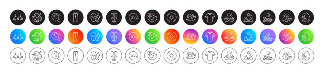 Sleep, Uv protection and T-shirt line icons. Round icon gradient buttons. Pack of Pants, Sun protection, Water drop icon. Sunglasses, No sun, Bathrobe pictogram. Lounger, Bra, Spa stones. Vector