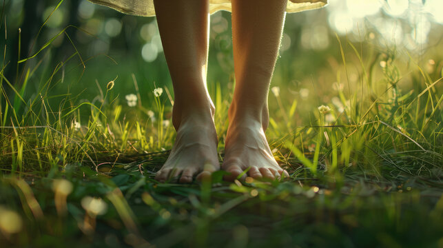 Bare feet of woman standing barefoot outdoors in nature, grounding concept.