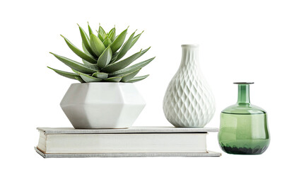 Stack of Books with Succulent Plant in White Ceramic Pot and Green Glass Vase, Isolated on White Background