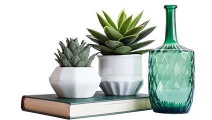 Stack of Books with Succulent Plants in White Ceramic Pots and Green Glass Vase, Isolated on White Background