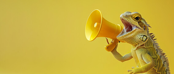 lizard holding yellow megaphone, Promotion, action, holiday, ad, job questions. Vacancy. Business discount concept, communication, information, news