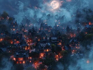 Illustrate a sprawling neighborhood from above, each house decked out in intricate Halloween decorations with a full moon shining above