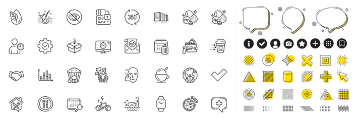 Set of Scuba diving, Execute and Anti-dandruff flakes line icons for web app. Design elements, Social media icons. Tick, Medical chat, Food delivery icons. Vector