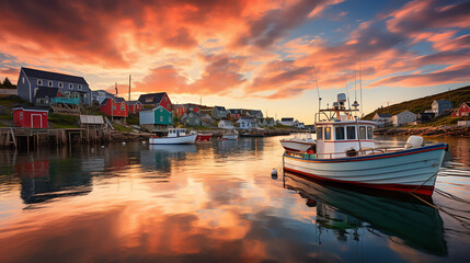 A fishing boat sits in a harbor at sunset. There are other fishing boats in the background and brightly colored buildings on the shore. The sky is a bright orange.