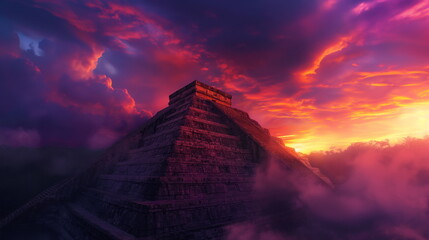 ancient Mayan pyramid rising majestically against a vibrant sunset sky
