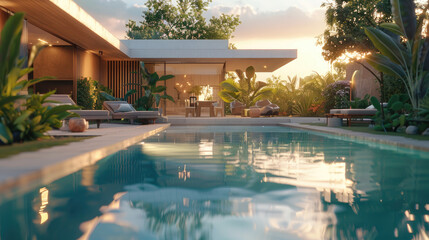 House with swimming pool outdoors in backyard garden.