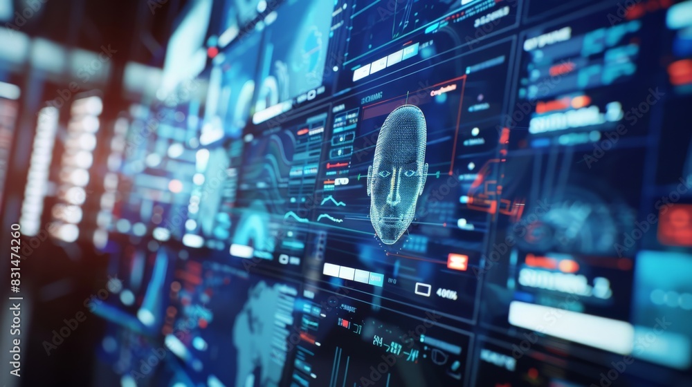 Poster Digital human face rendered with data points on a screen in a tech-focused environment. Illustrates advanced AI and face recognition technology.