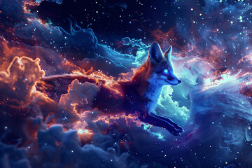 A fox is flying through space with a bright orange tail