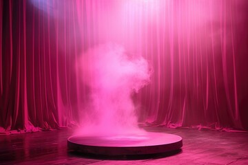 Pink pedestal, stage. Exhibition. Cylinder podium on pink background. Product presentation