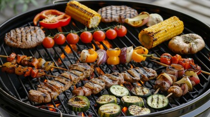 Assorted foods and vegetables cooking on a barbecue grill for a delicious outdoor feast