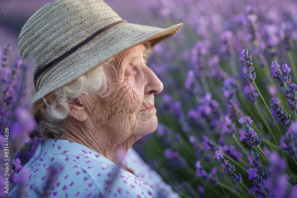 Poster Closeup of a peaceful senior woman with a hat, smiling amidst vibrant lavender flowers at dusk