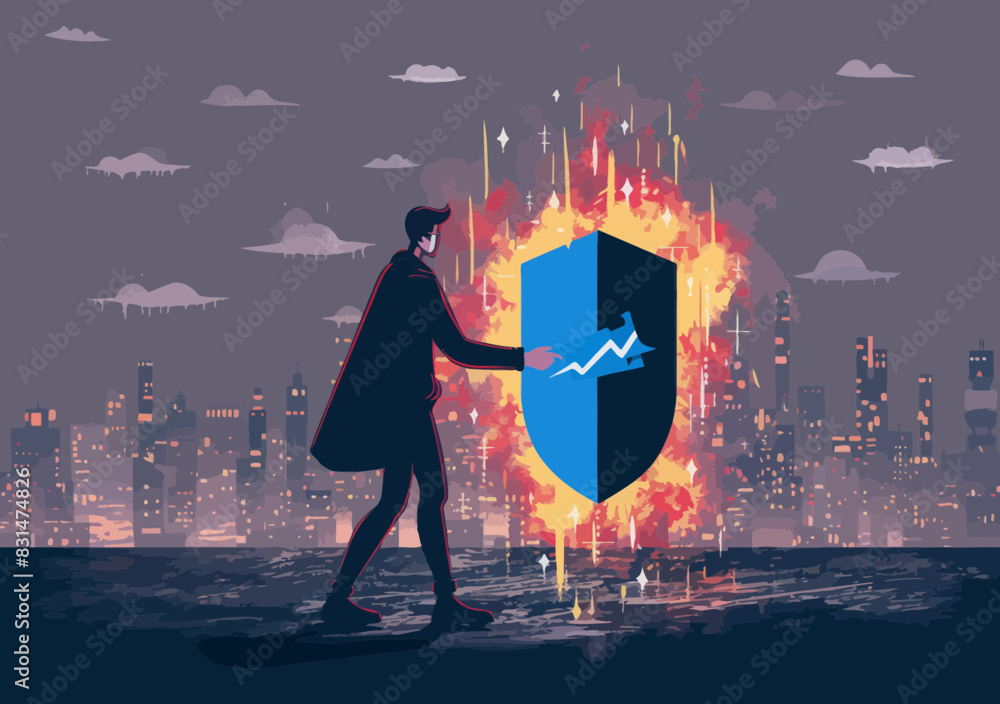 Poster cyber shield protecting computer network from threats, digital privacy encryption concept, man holdi