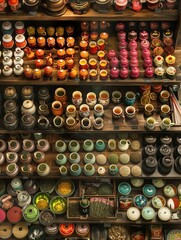 Shelf filled with a variety of unique and colorful pottery pieces, showcasing different shapes, sizes, and designs. Generative AI