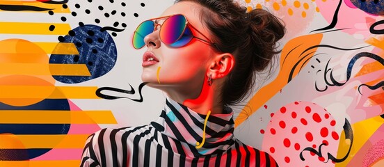 original women portrait in colorful abstract shapes  background, creative fashion model rocking a striped shirt and trendy sunglasses, embodying a carefree summer lifestyle 