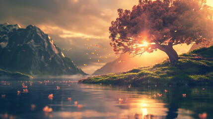 Breathtaking sunset illuminates a vibrant meadow filled with blooming flowers and a solitary tree, creating a serene and enchanting spring landscape - Powered by Adobe