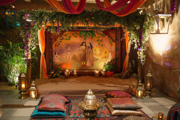 Pakistani weeding Mehndi stage, intimate ceremony,  with twilight, Color Scheme: soft desert pastels with vibrant textile.