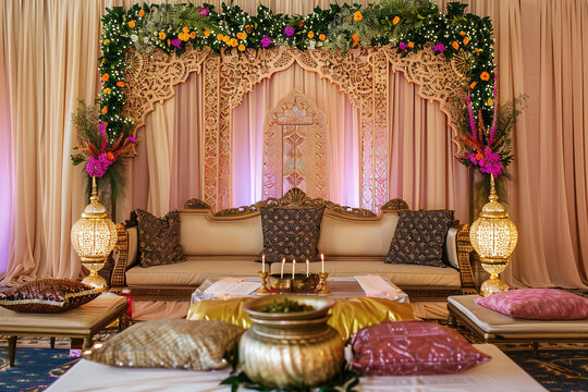 Pakistani weeding Mehndi stage, intimate ceremony,  with twilight, Color Scheme: soft desert pastels with vibrant textile.