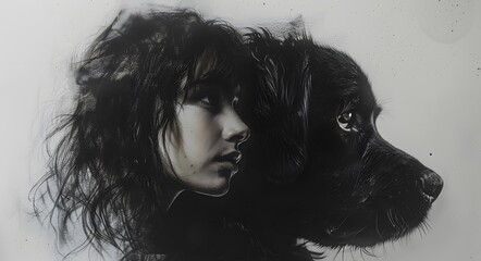Fototapeta premium Graphic realistic image of profiles of a large dog's head and a woman's. Grey background with copy space.