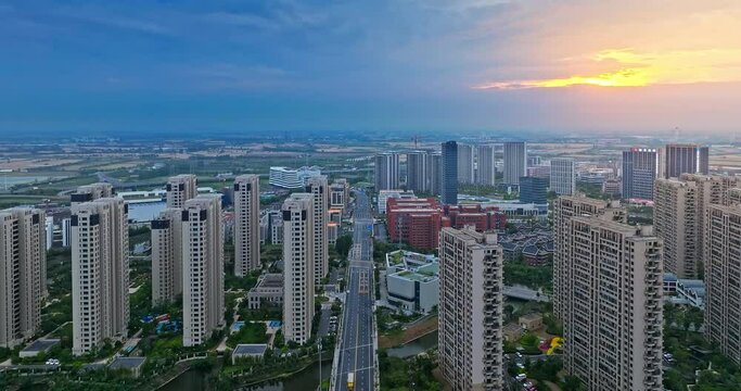 Aerial shot of modern new urban residential landscape at sunset