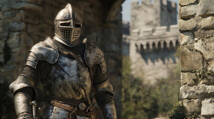 knight in shining armor standing guard at the entrance to a castle
